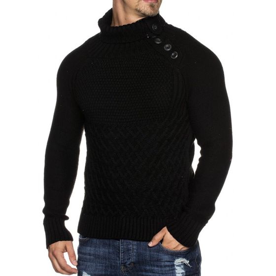 TAZZIO Herren Strick-Pullover mit Knopfleiste Schwarz